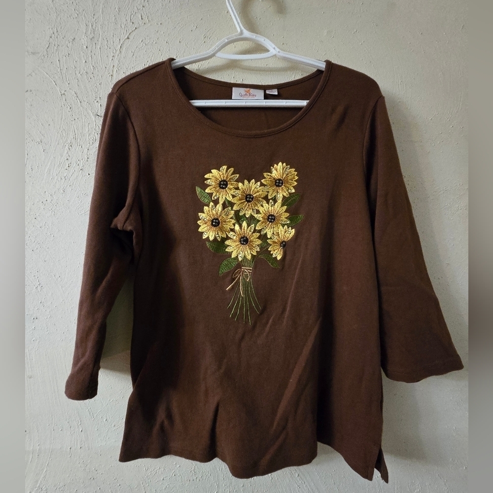 Quacker Factory Brown Top with Yellow Floral Embroidery